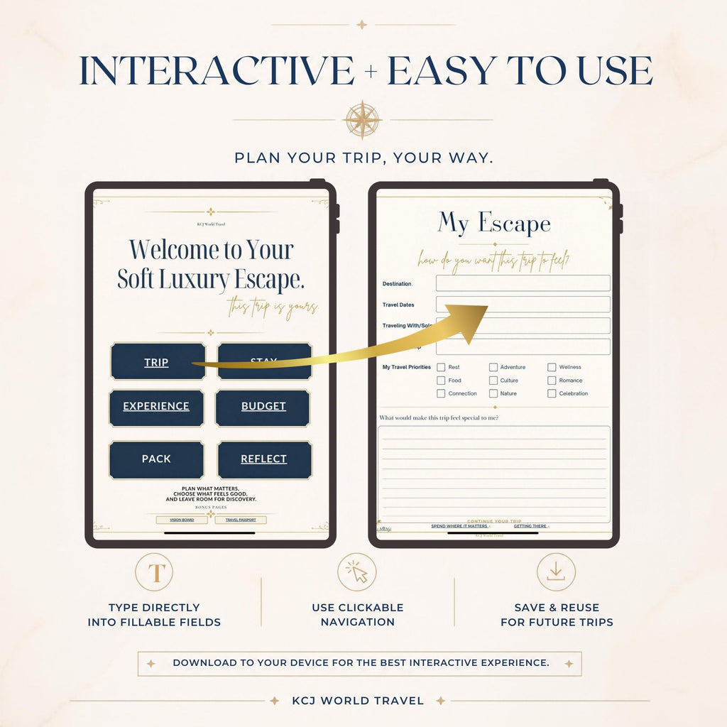 The KCJ Soft Luxury Travel Planner | Interactive + Printable PDF