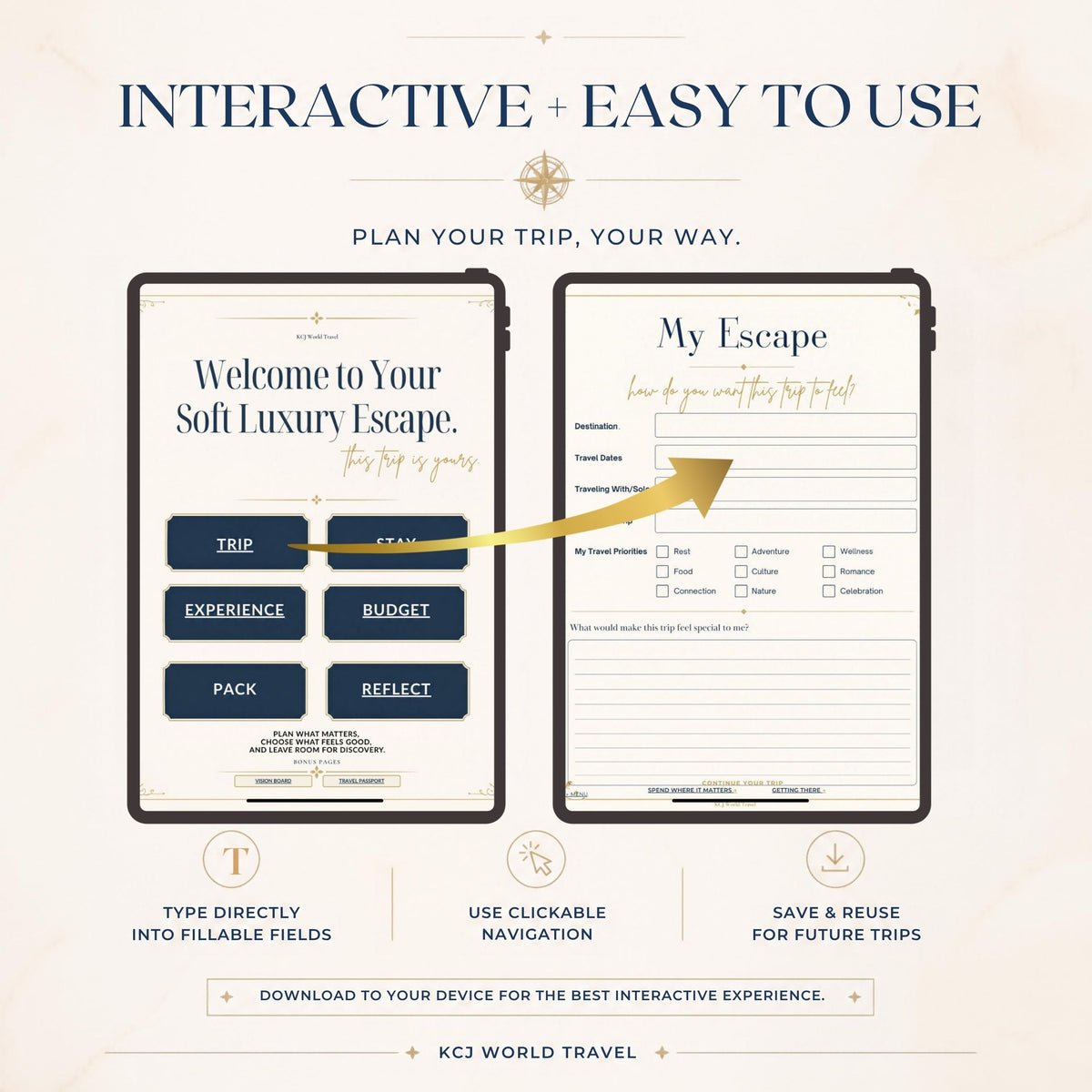 The KCJ Soft Luxury Travel Planner | Interactive + Printable PDF