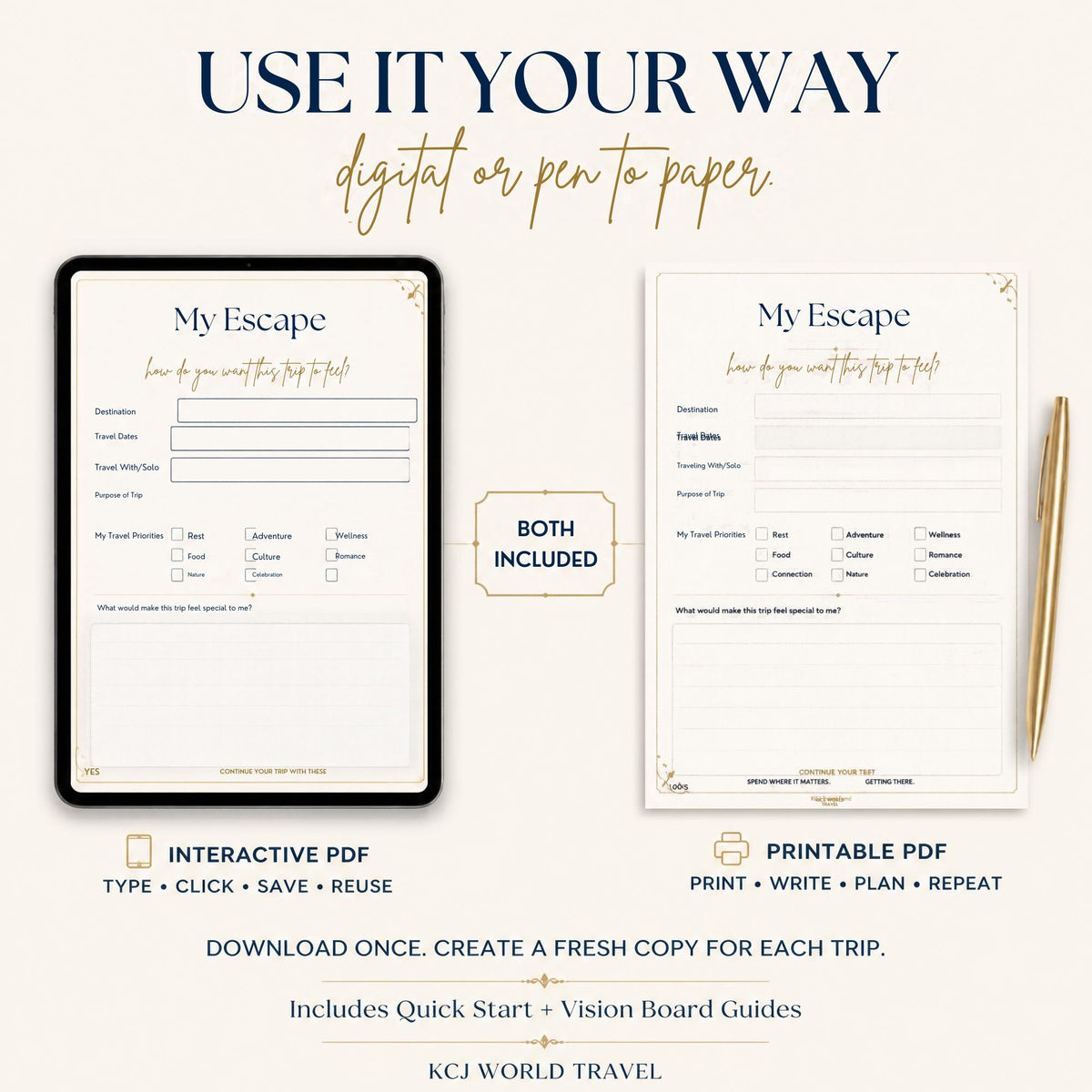 The KCJ Soft Luxury Travel Planner | Interactive + Printable PDF